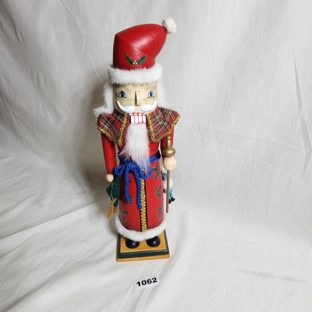 Vintage Red Nutcracker Santa 15" with Plaid Accents Wooden